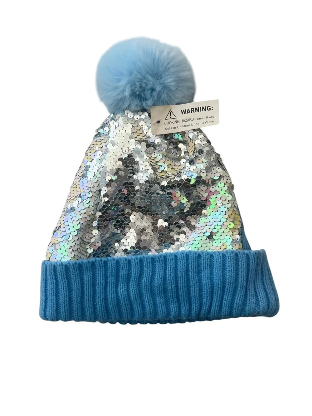 Kids Ages 3 Up Fur Pom Blue Knit w/Colorful Sequin Beanie Hat Gloves Set